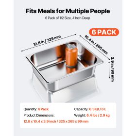 6 Pack Stainless Steam Hotel Pans, 1/2 Size Table Steam Pan, 4 Inch Deep Anti Jam Restaurant Supplies Reusable Rustproof Catering Storage for Hom